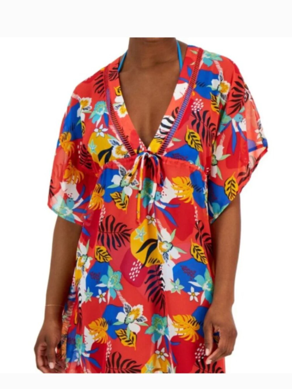Miken Swim Floral Kimono Cover-Up Red Tropical Print Size M NWOT